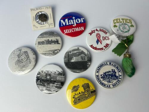 Mixed Vintage Railroad, Sports, and Political Pinback Buttons