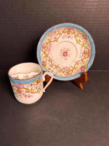 Victorian-Style Mustache Cup and Saucer Set with Floral Motif