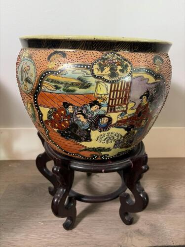 Japanese Satsuma-Style Planter Bowl with Wooden Stand