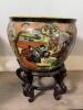 Japanese Satsuma-Style Planter Bowl with Wooden Stand