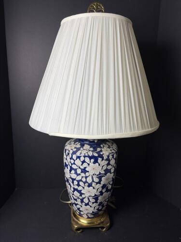 Blue Floral Porcelain Table Lamp with Pleated Fabric Shade