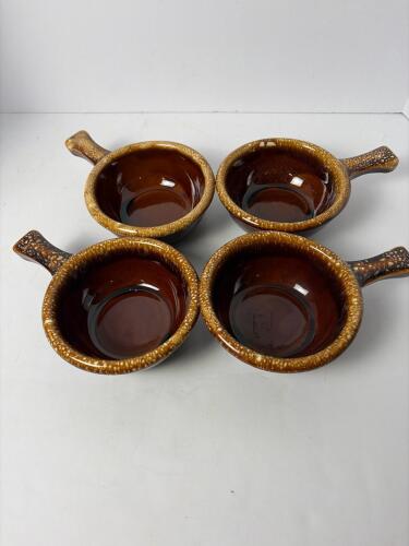 Four Hull Brown Drip Glaze Soup Bowls With Handles