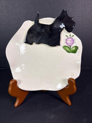Ceramic Plate With Black Scottie Dog Motif and Flower