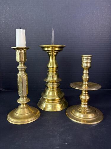Three Brass Candlesticks in Mixed Styles