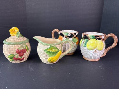Omnibus Ceramic Basketweave Fruit Creamer, Sugar, and Mugs Set