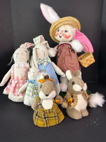 Annalee Easter Bunny Doll with Handmade Fabric Rabbits and Squirrels