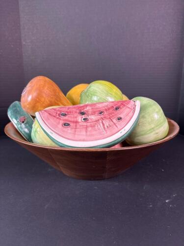Wooden Bowl With Glazed Ceramic Fruit Assortment