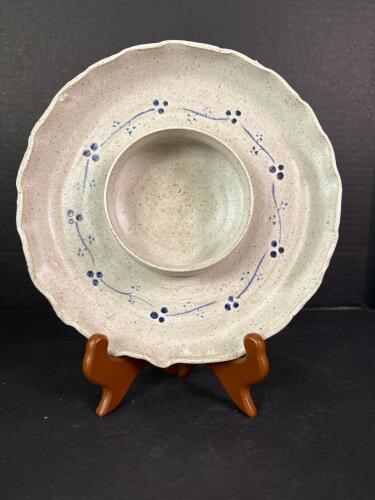 Handmade Pottery Chip and Dip Plate With Blue Floral Motif