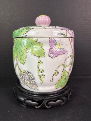 Hand-Painted Butterfly and Floral Porcelain Jar with Lid and Stand