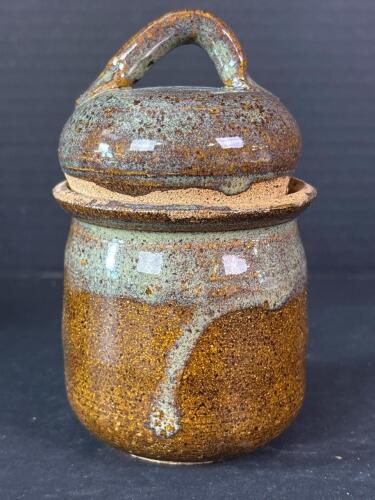 Small Rustic Studio Pottery Lidded Jar in Earth-Tone Glazed Stoneware