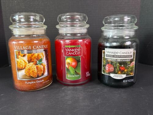 Three Village Candle Pumpkin Donuts, Yankee Candle Macintosh, Evergreen Pine