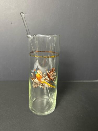 Hand-Painted Glass Cocktail Pitcher with Stirrer W/ Pheasant Motif
