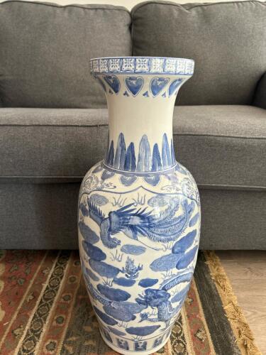 Very Large 23" Blue and White Chinese Style Porcelain Vase