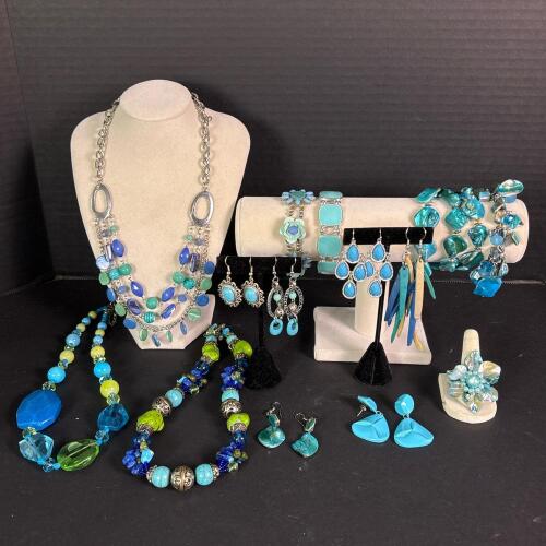 Lot of Blue and Green Beaded Costume Jewelry
