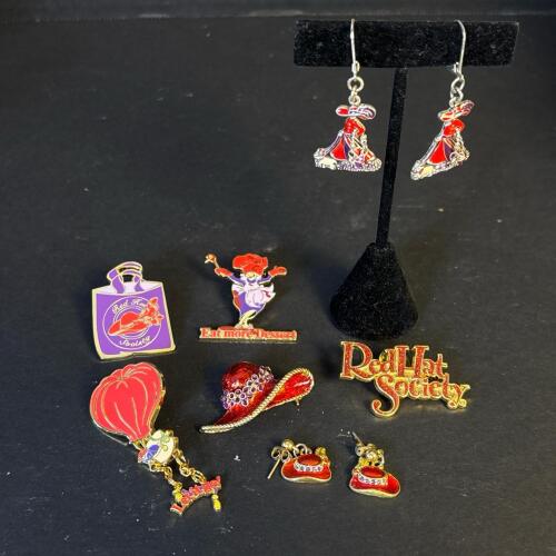 Red Hat Society Enamel Pins and Earrings
