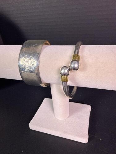 Sterling Silver Cuff and Wire Ball Bangle Bracelets