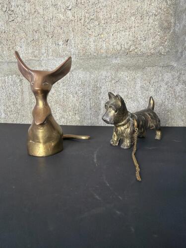 Brass Scottie Dog Figurine with Chain and Abstract Brass Mouse