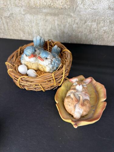 Melco Bluebird Nest and Sleeping Rabbit Figurines