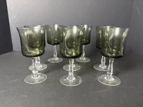 Eight Vintage-Style Smoky Green Wine Glasses