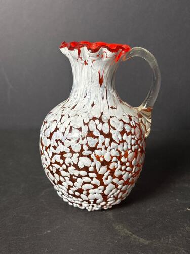 Small Art Glass Ewer With Ruffled Rim, Spatter Pattern