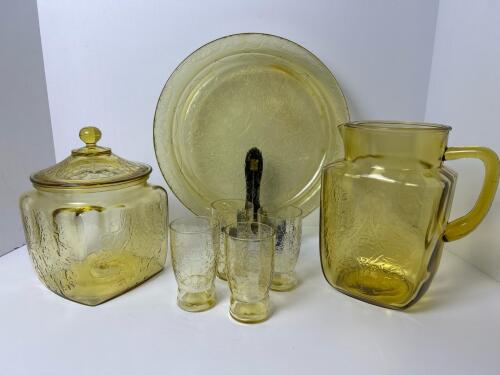 Yellow Pressed Glass Pitcher, Glasses, Plate and Lidded Jar