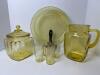 Yellow Pressed Glass Pitcher, Glasses, Plate and Lidded Jar