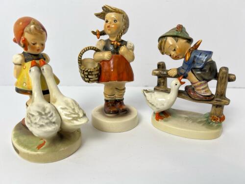 Goebel Hummel Girl with Geese, Girl with Basket, and Boy on Fence Figurines