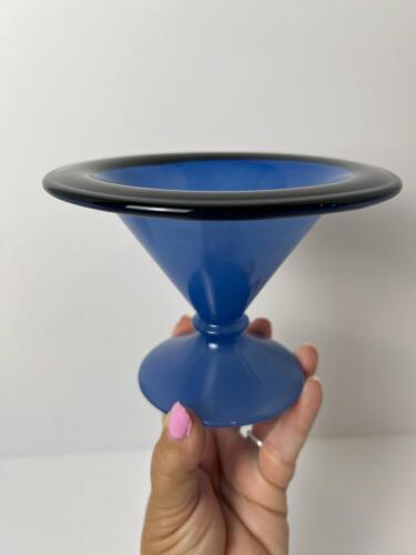 Small Blue Art Glass Compote With Black Rim