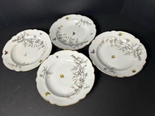 Four Decorative Porcelain Plates with Insect and Thistle Motif & Gilt Rim