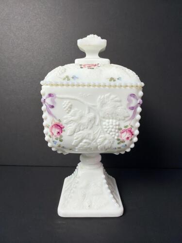Milk Glass Lidded Compote with Hand-Painted Floral Decoration