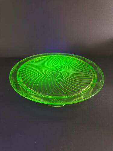 Uranium Glass Swirl-Pattern Cake Plate