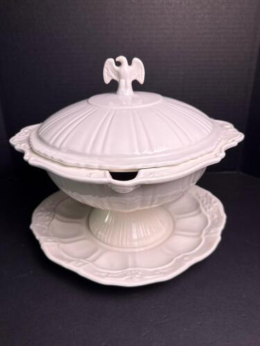 White Ceramic Lidded Tureen with Eagle Finial and Underplate
