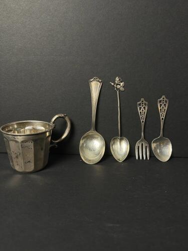 Sterling Silver Baby Cup with Four Assorted Baby Spoons and Fork