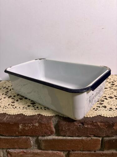 Vintage Enamelware Vegetable Bin with Blue Trim