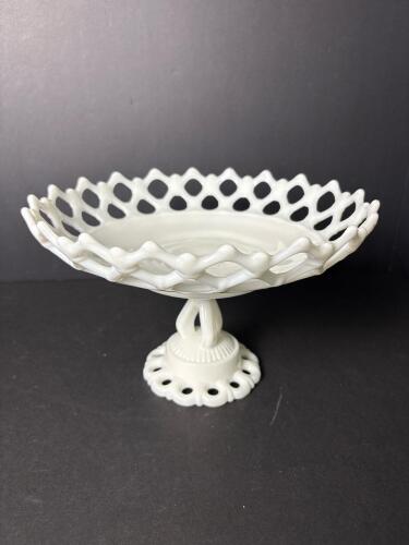 Westmoreland Milk Glass Pedestal Compote in Reticulated Lace-Edge Style