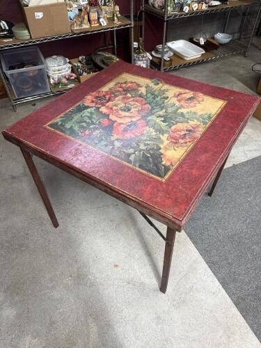 Vintage Folding Card Table With Floral Top