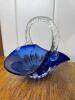 Cobalt Blue Art Glass Basket With Twisted Clear Handle