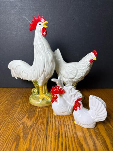 Porcelain Chicken Figurines in the Manner of Vinton and Japan