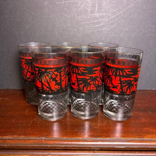Set of Six Red and Black Palm Tree-Patterned Glasses