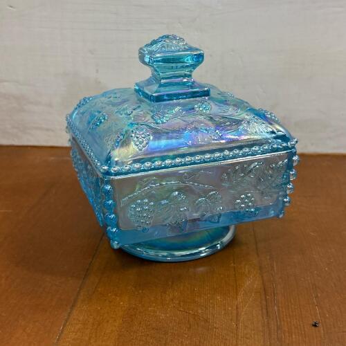Blue Iridescent Glass Lidded Candy Dish with Grape Pattern