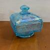 Blue Iridescent Glass Lidded Candy Dish with Grape Pattern