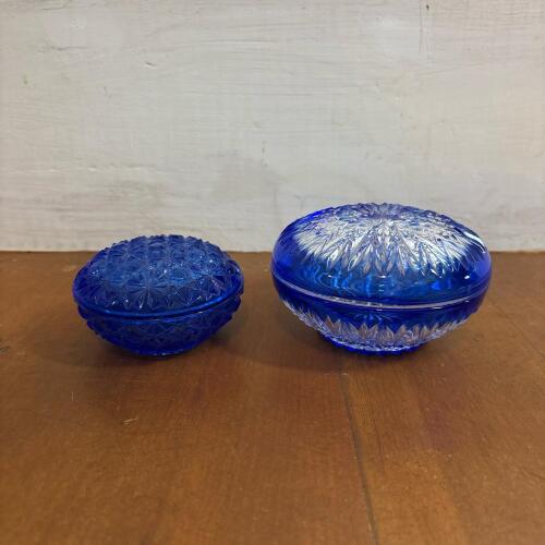 Pair of Cobalt Blue Pressed Glass Powder Jars