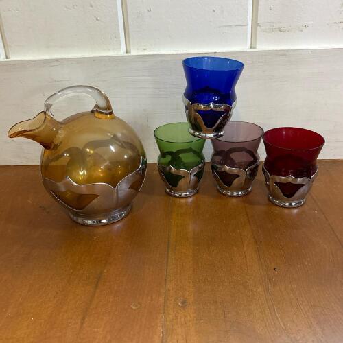 Farber Bros Chrome-Mounted Colored Glass Pitcher and Four Tumblers