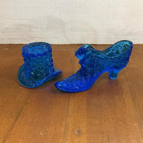 Blue Pressed Glass Shoe and Top Hat