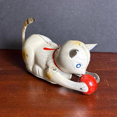 Vintage Tin Wind-Up Cat Toy with Ball