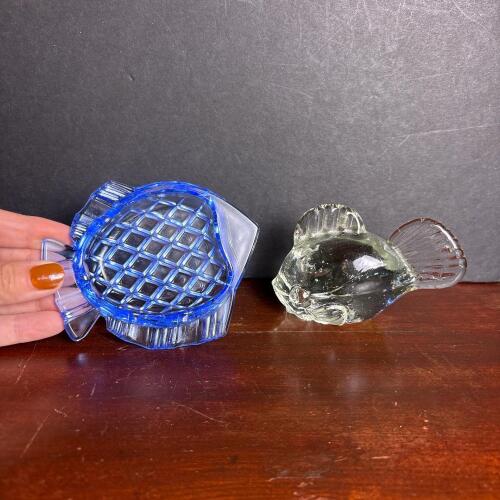 Glass Fish Paperweight and Blue Glass Fish Dish