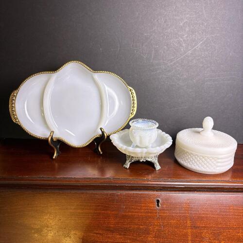Fire-King Serving Dish and Milk Glass Vanity Lot