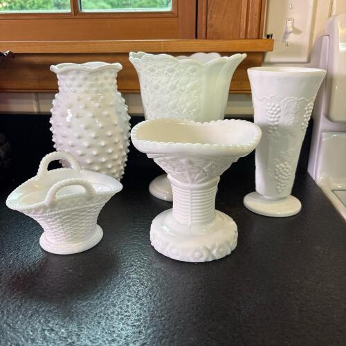 Five Piece Vintage Milk Glass Vase and Basket Assortment