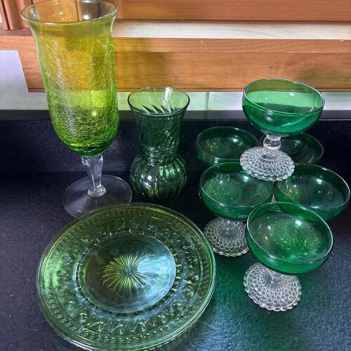 Green Glass Dessert Ware, Plates and Vases Lot