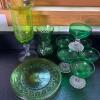 Green Glass Dessert Ware, Plates and Vases Lot